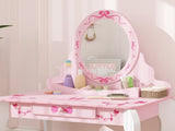 Kids Dressing Table Set, Vanity Table with Stool, Mirror, Drawer, Desktop, Storage, Ballet-Theme, T3398P422149