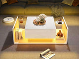 High Gloss Coffee Table with Open Storage, 1 drawer, LED lights, Centre Table with glass tabletop, N605P374206W