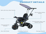 6 in 1 Tricycle for Kids with 5-point harness straps, Removable Canopy, Dark Blue T3398P348138