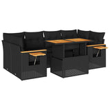 7 Piece Garden Sofa Set with Cushions Black Poly Rattan Acacia 3327562
