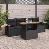 5 Piece Garden Sofa Set with Cushions Black Poly Rattan Acacia 3327541