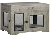 Dog Cage End Table with Two Doors, Drawer, for Medium Dogs - Grey T3398P376392