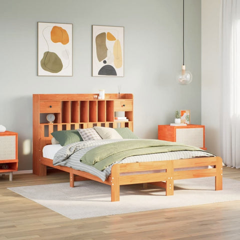 ZNTS Bookcase Bed without Mattress Wax Brown 140x190cm Solid Wood Pine 3308896