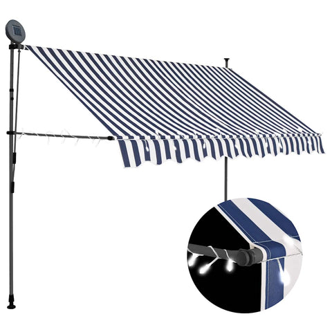 Manual Retractable Awning with LED 300 cm Blue and White 145845