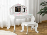 Kids Vanity Table and Chair Set with Tri-Folding Mirror and Stool, Makeup Dressing Table with T3398P347674