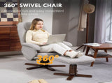 Linen Swivel Recliner Chair with Footstool, Upholstered Reclining Armchair with Wooden Base for T3398P343465