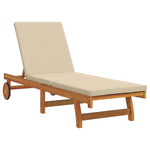 ZNTS Sun Lounger with Wheels and Cushion in Beige, Made of Solid Wood 4105537