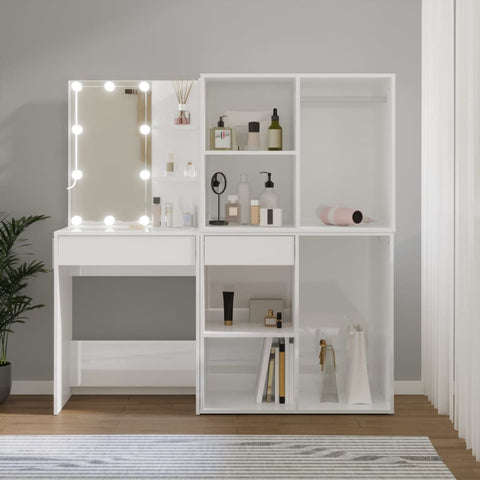 LED Dressing Table with 2 Cabinets High Gloss White Engineered Wood 3082032