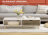 Coffee Table, Modern Tea Table with Open Storage Shelves, Two Drawers and Solid Wood Legs, Coffee T3398P342433