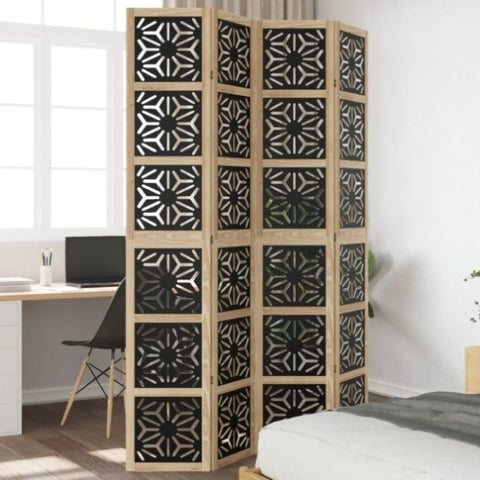 ZNTS Room Divider 4 Panels Brown and Black Solid Wood Paulownia 358804