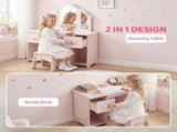 Kids Dressing Table, Kids Vanity Table and Chair Set with Tri-Folding Mirror, 2 Drawers, 2 Cabinets T3398P548791