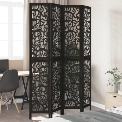 ZNTS Room Divider 4 Panels Black Solid Wood Paulownia 358756