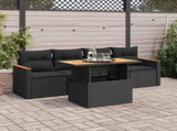 5 Piece Garden Sofa Set with Cushions Black Poly Rattan Acacia 3327429