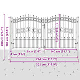 Fence Gate with Spear Top with Lock Grey 305 x 150 cm Steel 42009045