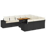10 Piece Garden Sofa Set with Cushions Black Poly Rattan Acacia 3327423