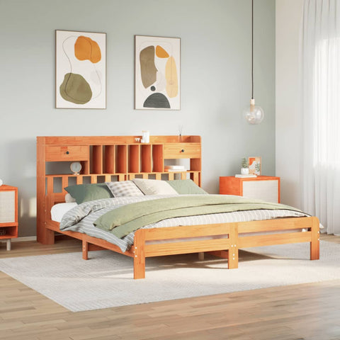 ZNTS Bookcase Bed without Mattress Wax Brown 180x200 cm Super King Solid Wood Pine 3308875