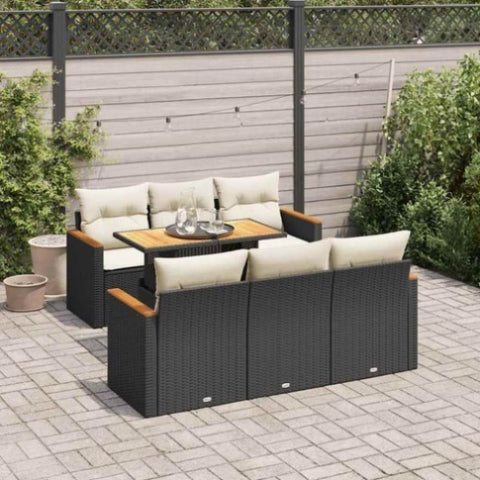 7 Piece Garden Sofa Set with Cushions Black Poly Rattan Acacia 3327444
