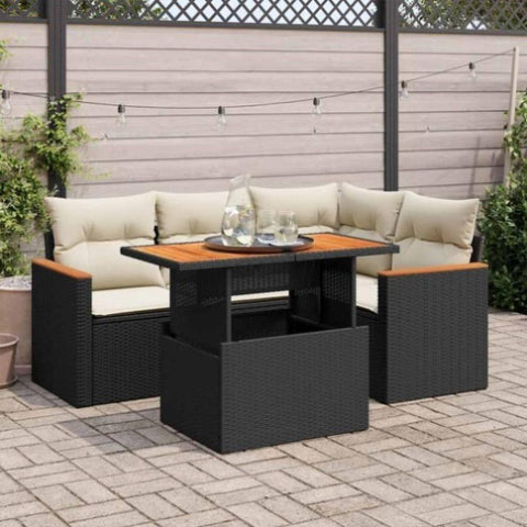 ZNTS 5 Piece Garden Sofa Set with Cushions Black Poly Rattan Acacia 3327479