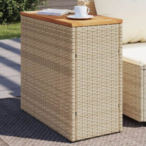 ZNTS Garden Side Table with Wooden Top Beige 58x27.5x55 cm Poly Rattan 366072