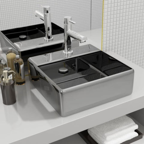 Wash Basin with Overflow 41x41x15 cm Ceramic Silver 143477