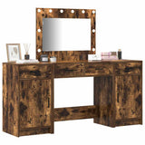 Dressing Table with Mirror Lights 3 pcs Brown Engineered Wood 3334249