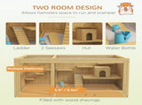 Wooden Hamster Cage with Water Bottle, Platforms, Openable Roof, Sliding Tray, Hut, Seesaws, Natural T3398P350099