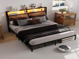 135cm190cm Double Metal Bed Frame with RGB Smart LED Lights & Storage Headboard, Heavy Duty 363kg T6135P515768