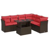 7 Piece Garden Sofa Set with Cushions Brown Poly Rattan Acacia 3326175
