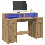 Desk with LED Lights Artisian Oak 140x55x91 cm Engineered Wood 3309428