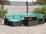 7 Piece Garden Sofa Set with Cushions Brown Poly Rattan Acacia 3328030