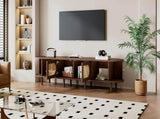 180*40*40cm Oval TV Stand in Dark Walnut, Rattan Design, Two Cabinet Doors, Two Sliding Doors, TV N605P439650N