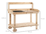 Garden Potting Bench Table, Wooden Work Station, Outdoor Planting Workbench with 2 Wheels, Sink, T3398P315858