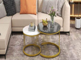 Round Coffee Modern Coffee Table Set of 2 Marble Pattern Top with Metal Frame, Small Side WF307775AAA
