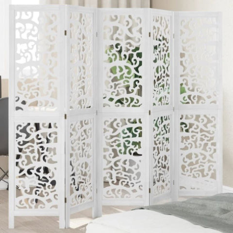 ZNTS Room Divider 5 Panels White Solid Wood Paulownia 358741