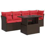 5 Piece Garden Sofa Set with Cushions Brown Poly Rattan Acacia 3326095