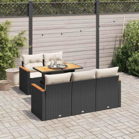 ZNTS 6 Piece Garden Sofa Set with Cushions Black Poly Rattan Acacia 3327437