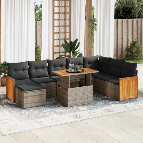 ZNTS 7 Piece Garden Sofa Set with Cushions Grey Poly Rattan Acacia 3327749