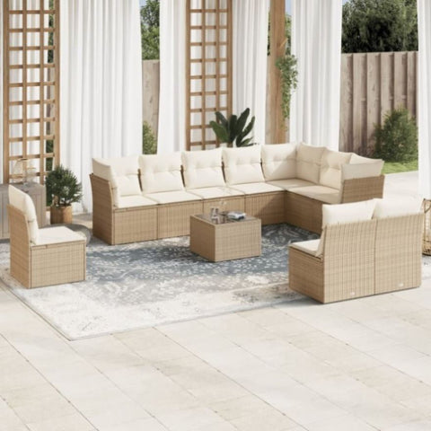 ZNTS 11 Piece Garden Sofa Set with Cushions Beige Poly Rattan 3217808