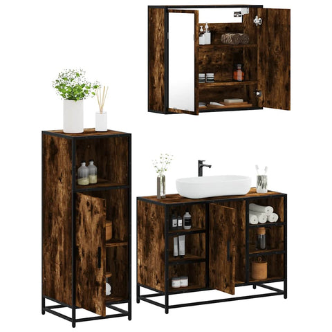 ZNTS 3 Piece Bathroom Furniture Set Smoked Oak Engineered Wood 3300972