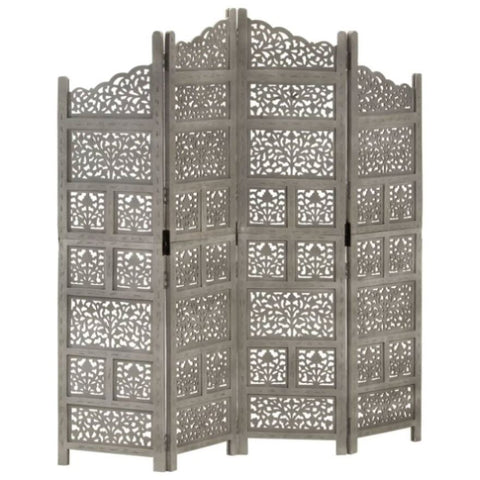 Hand carved 4-Panel Room Divider Grey 160x165 cm Solid Mango Wood 285328