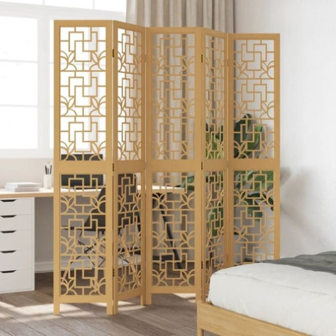 Room Divider 5 Panels Brown Solid Wood Paulownia 358871