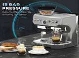 15 Bar Coffee Machine, with Adjustable Grind, Steamer and Accessories - Silver Colour T3398P329462