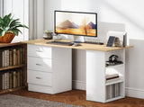 Computer Desk, Writing Table, PC Workstation with 3 Storage Shelves and Drawers, Silver Handle, for T3398P378019