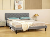 Double Bed Frame with 5-Level Adjustable Linen Upholstered Headboard, Wooden Slats Mattress T3398P330372