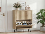 60cm-wide freestanding shoe cabinet featuring a natural oak wood grain finish and Mid-Century Modern W6296P537659