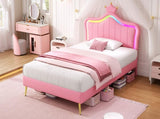 3ft Single Upholstered Bed with LED Adjustable Crown Shape Headboard, PU Leather Bed Frame with N652P265845P