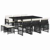 11 Piece Garden Dining Set with Cushions Black Poly Rattan 3210786