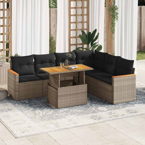 ZNTS 7 Piece Garden Sofa Set with Cushions Grey Poly Rattan Acacia 3327497