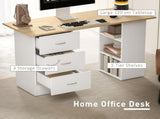 Computer Desk, Writing Table, PC Workstation with 3 Storage Shelves and Drawers, Silver Handle, for T3398P378019