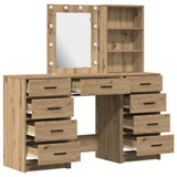 Dressing Table with Mirror Lights 3 pcs Brown Engineered wood 3334226
